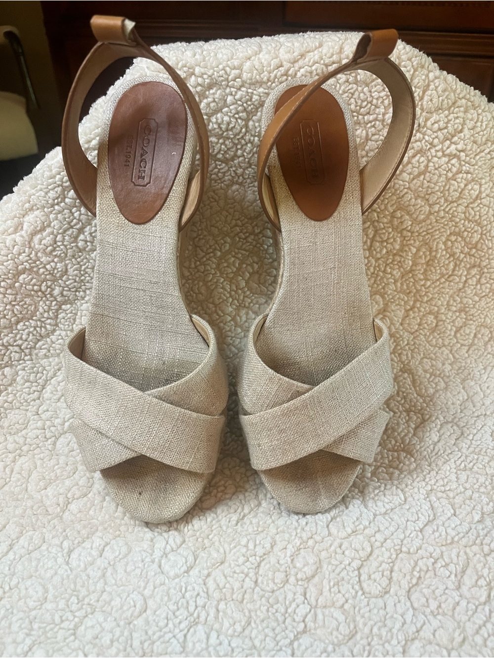 Coach Neutral Linen Crisscross Wedge Sandals with Leather Ankle Strap